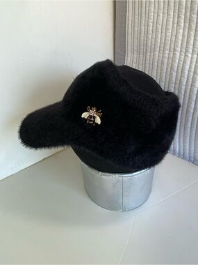 Vintage Style Fuzzy Black Winter Cap with Rhinestone Honey Bee Brooch